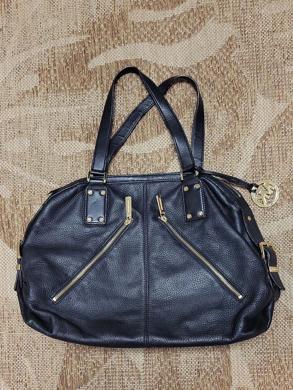 Black Leather Satchel Handbag with Gold Hardware